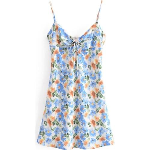 YENKYE Vintage Daisy Print Sexy Sling Dress Women Bow Tie V Neck Sleeveless Holiday Beach Dress Female Summer Short Vestido