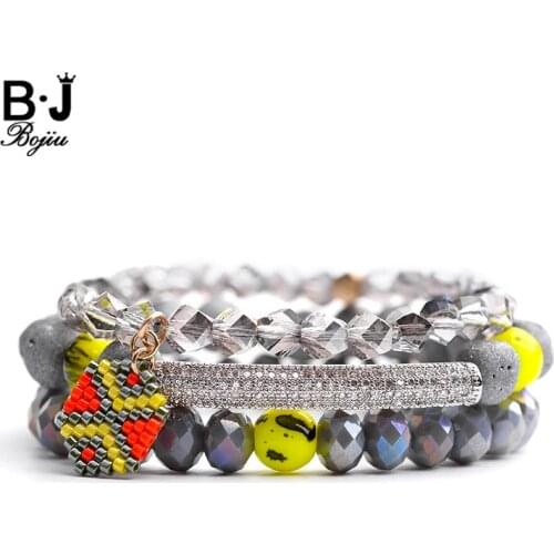 BOJIU 3 Pcs/Set Bohemian Women Bracelets Fashion Grey Natural Druzy Stone Bracelet Round Charm Bracelet In Jewelry Gift BCSET107