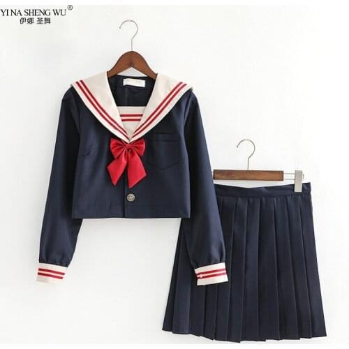 Black Girls JK Uniform Cosplay Sailor Suit Japanese School Uniform Sailor Pleated Skirt COS College Student Clothes Long Sleeves