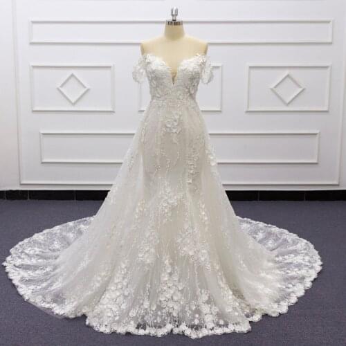 Eslieb Custom made with Detachable Train 3d flower lace pearls wedding dresses Meramid wedding dress 2022 vestido de Noiva
