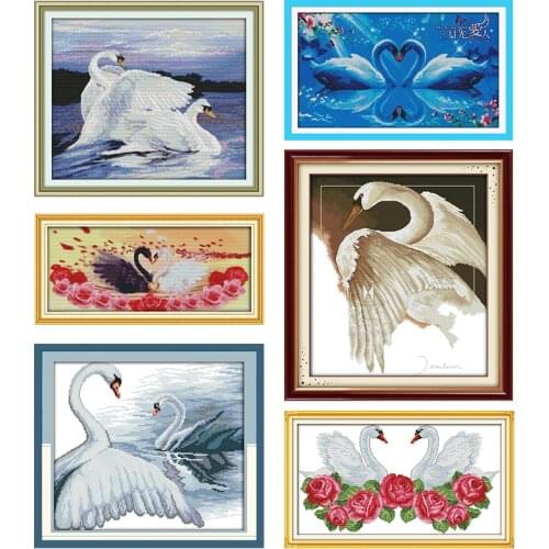 Joy Sunday Cross Stitch Kits White Swan Patterns Counted Printed Canva 11CT 14CT Stamped Cotton Fabric Needlework Embroidery Set