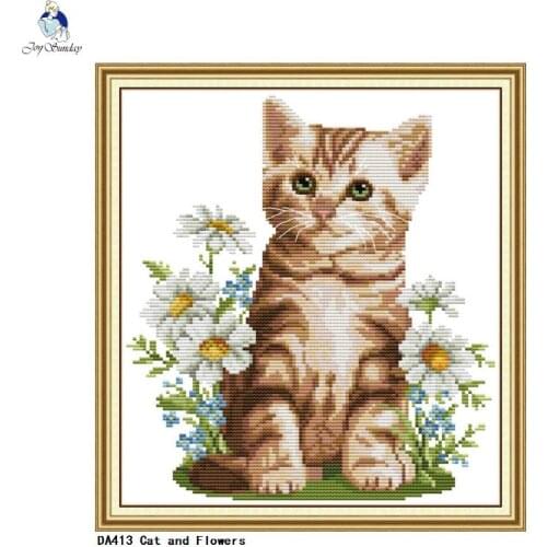 Joy Sunday Cat and Flowers Paintings Counted Chinese Cross Stitch Kits Printed Cross-stitch Canvas Embroidery Set Needlework