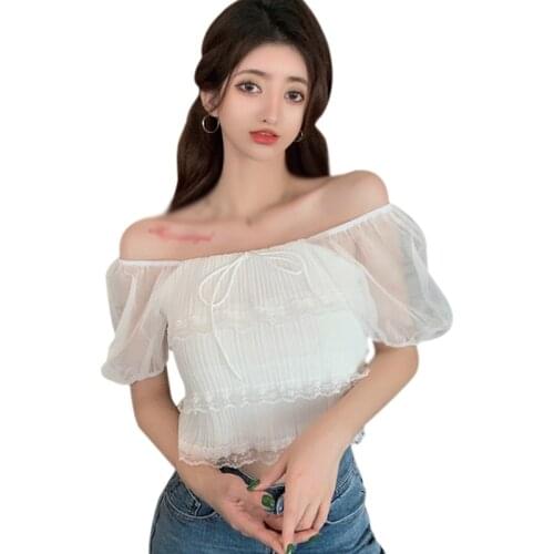 Summer Lace Cake Hierarchical Design Tshirt Sense Niche One-neck Short-sleeved Chiffon Shirt Top