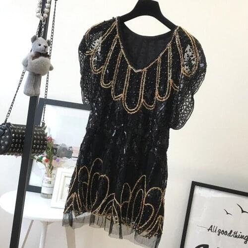 H80&S90 New Vintage Women Sequin Dress Female Sexy Heavry Embroidered Sexy Beaded Sequin Dress Geometic Mini Party Club Dresses