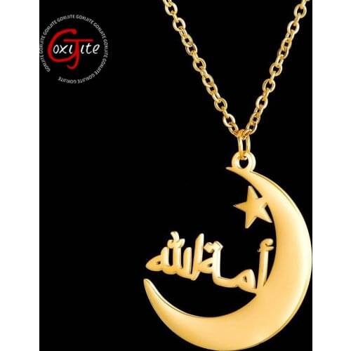 Goxijite Custom Arabic Name Necklace Personalized Moon Star Horizontal Nameplate Necklaces Stainless Steel Women Jewelry Gift