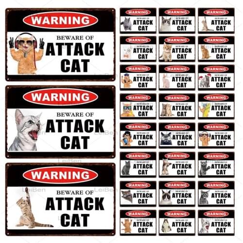 Warning Word Beware of Attacking Cats Metal Tin Sign Pet Cat Metal Plaque Home Decoration Living Room Pet Shop Restaurant Poster