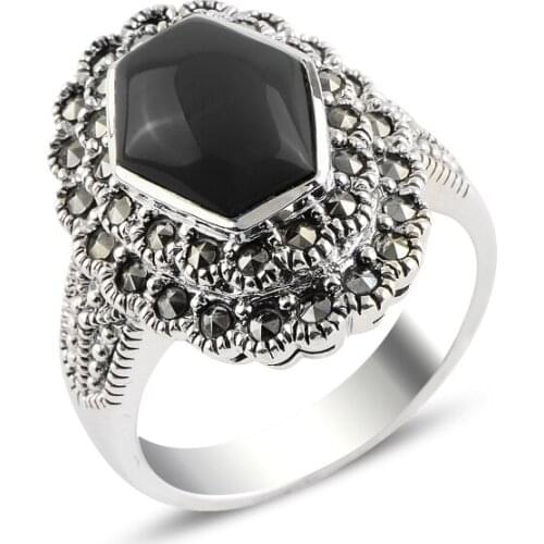 Silverlina Silver Onyx & Marcasite Ring