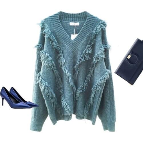 Autumn Winter Women Sweater Knitted Loose V-neck Female Tassels Casual Sweaters Tops 5 Solid Colors