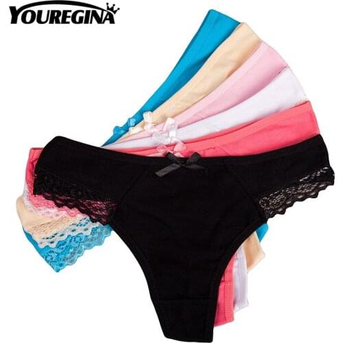 YOUREGINA Women Thongs G-strings Sexy Cotton Lace Solid Panty Lady Panties Underpants Bow 6pcs/lot Patchwork ComfortableM-XLCute