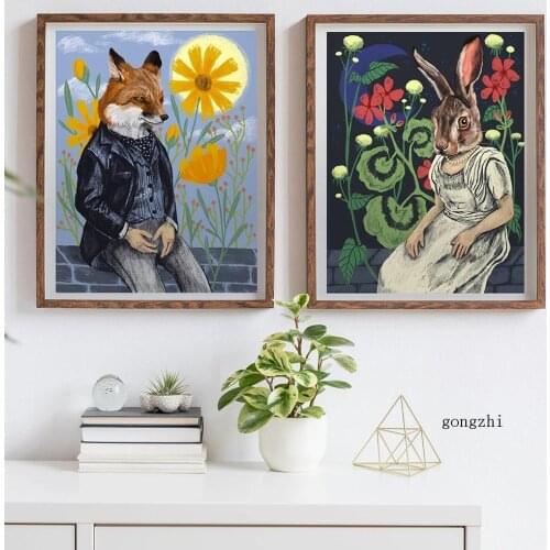 Vintage Funny Animal Head Human Body Abstract Poster Fox Rabbit Canvas Painting and Print Kids Room Wall Art Picture Home Decor