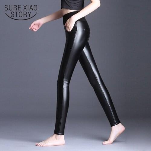 PU Pants Velvet Thicken 2021 New Trousers Women Elastic Waist Pants High Quality Leather Womens Casual Pencil Pants 7261 50