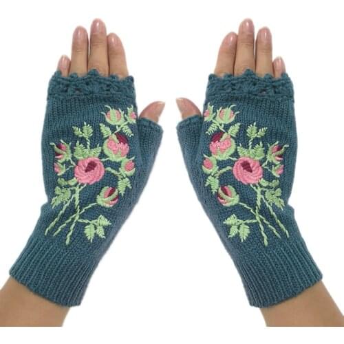 Women Ins Embroidery Tricolor Floret Ladies Warm Gloves Wool Knitted Winter Gloves