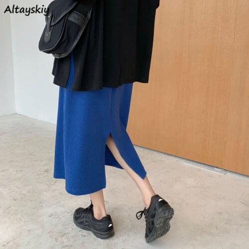 Skirts Womens All-match Street Style Mid-calf Autumn Simple Ulzzang Trendy Vintage High Waist Students Basic Leisure Female Pure