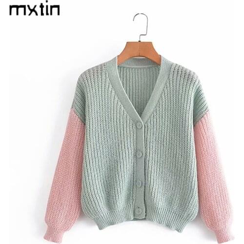 MXTIN 2021 Women Spring Fashion Color Matching Single Breasted Cardigan Sweater Vintage V-Neck Long Sleeve Female Outerwear Tops
