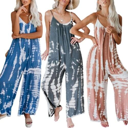 Women Casual Sleeveless Spaghetti Straps Tie Dye Backless Loose Jumpsuit Overall