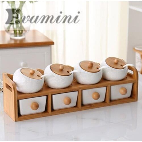 1-8pcs/Set Seasoning Box Set Ceramics Spice Jars Kit Wood Rack Holder Salt Storage Tank Kitchen Accessories Set