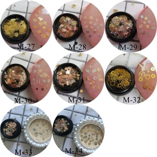 1Jar Nail Art Mix Different Metal Stickers in Jars Flower Gear Snowflake Star Bea Pineapple M27-M34