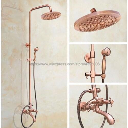 Antique Red Copper Bathroom 8 inch Rainfall Shower Head Shower Faucet Set Bathtub Mixer Tap Brg503