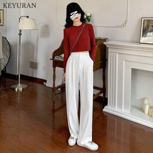 White Wide Leg Pants for Women High Waist Pockets Suit Pants Loose Workwear Office Lady Female Black Trousers S-2XL Pantalon