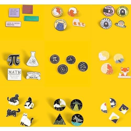 4Pcs/Set Enamel Pins Animal Scientific Notation Landscape Painting Brooches Cute Cartoon Badges Accessories Gifts for Friends