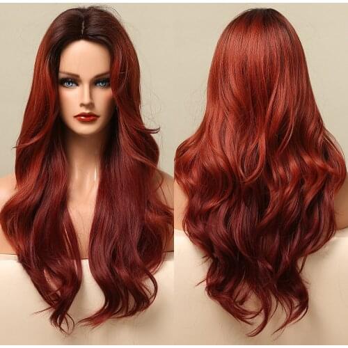 Long Body Wave Wigs Ombre Brown Deep Red Synthetic Wigs for Women Middle Part Cosplay Party Daily Use Natural Heat Resistant