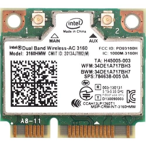 Dual band 433Mbps Wireless-AC3160 Mini PCI-E Wifi Card Bluetooth-compatible 4.0 Intel 3160HMW AC 2.4GHz 5GHz 802.11ac Laptop