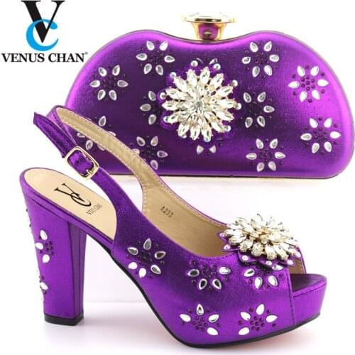 Purple Color 2020 New Design Nigerian Shoes And Bag To Match Set African Ladies Shoes And Bag Set For Royal Wedding Dress