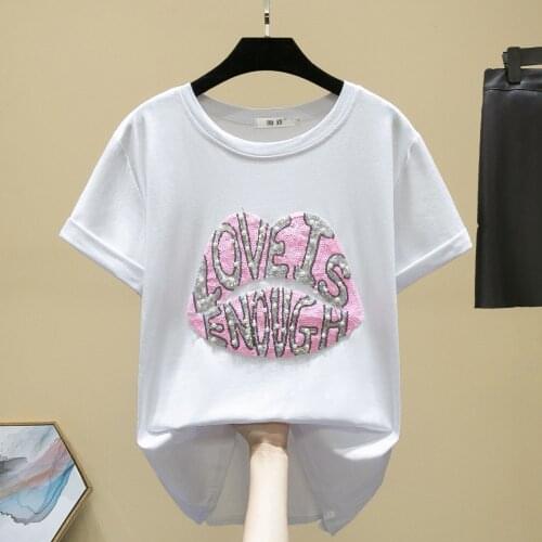 Summer Butterfly Sequin Embroidery Oversized T-shirts Women Casual Short Sleeve Loose Tops Female Beading O-Neck Tees Harajuku
