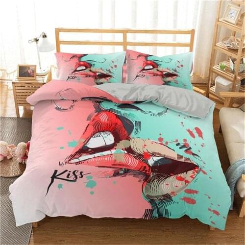 Couple Bed Quilt Cover 200X200 Hot Kiss Lips Printed Duvet Cover With Pillowcase King Size 240X220 bedding set For Home Linens