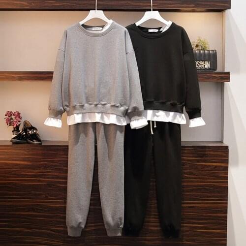 Two piece set Ladies Sports Suit summer 2021 New Casual O neck Sweatshirt Sweatpants Grey Large Size Two piece suit 4XL cloth