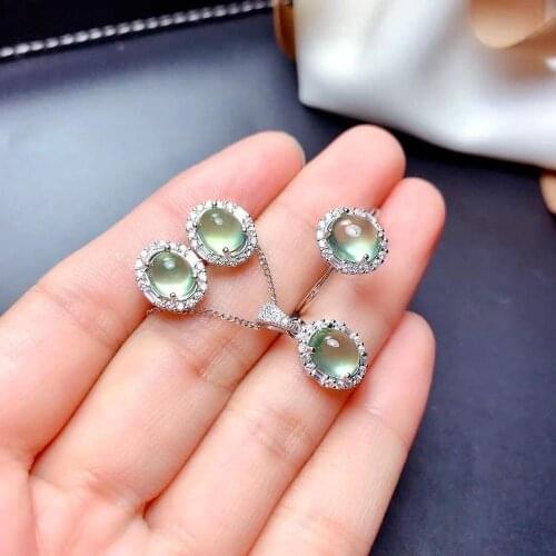 Prehnite Set Natural And Real Prehnite Jewelry set 925 sterling silver 1pc Ring,1pc Pendant,2pcs Earring