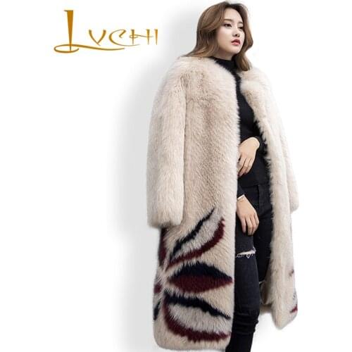 LVCHI Fur Coat Long New design Womens winter coat Blue Fox Fur for Women Wide-waisted fur Fashion Floral Pattern Outerwear