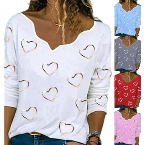 Fashion Womens Love Print Irregular Collar Long Sleeve Casual Shirt Loose Plus Size Soft Long Sleeve Top T-shirt