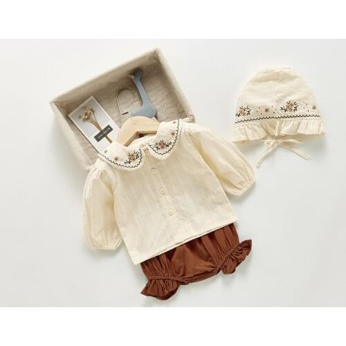 2021 Autumn New Baby Clothing Set Toddler Girls Clothes Suit Peter Pan Collar Blouse Shorts And Hat 3Pcs Suit