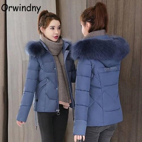 Orwindny Winter Jacket Women Large Fur Collar Hooded Parkas Thicken Warm Cotton Padded Coats Female Zipper Short Clothing