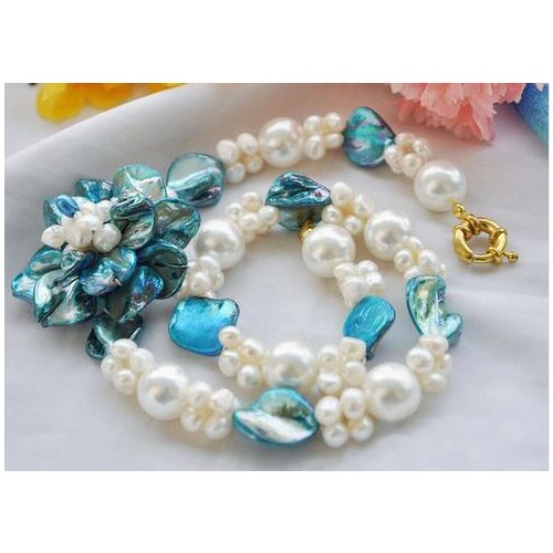 19" 14mm white round baroque pearl blue shell flower necklace