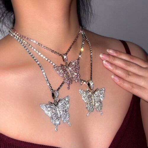Pink Rhinestone Big Butterfly Pendant Necklaces For Women Gold Silver Color Crystal Tennis Chain Clavicle Choker Fashion Jewelry