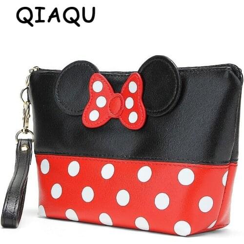 QIAQU Temperament Wave Dot Black Cloth Double Zipper Cosmetic Bag Lady Travel Cosmetic Bag Professional Storage Brush Organizer