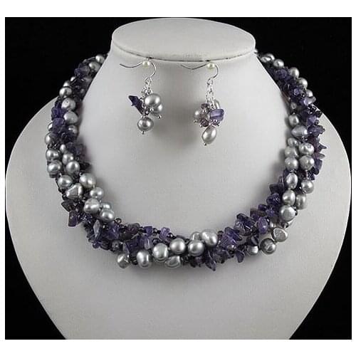 Unique Pearls Jewellery Store 100% Real Pearl Baroque Gray Pearl Amethysts Necklace Earrings Fine Jewelry Birthday Women Gift