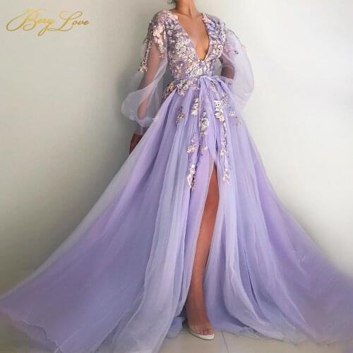 Flower Prom Dress Appliques Beading V Neck Long Sleeves Illusion Evening Dresses Lavender Floor Length Robe de soiree 2020