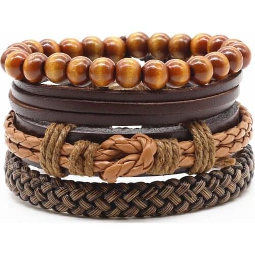 New Fashion Weave Punk Vintage Cuff Beads Anchor Charm Brown Male Genuine Leather Men Bracelets Women Female Jewelry Accessories