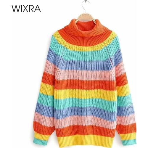 Wixra Autumn Sweater Womens Korean Elegant Loose Knitted Turtleneck Female Rainbow Pullovers New Fashion
