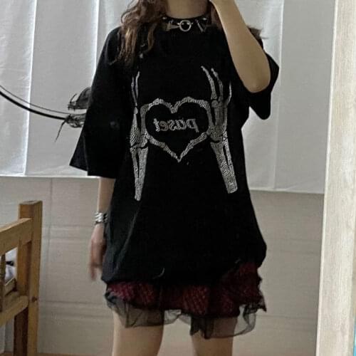 Lady Skeleton Letter Ctrystle Stamping T-shirt Black Gothic Girl Harajuku Summer T Shirt Punk Street Y2k Japanese Cotton Tops