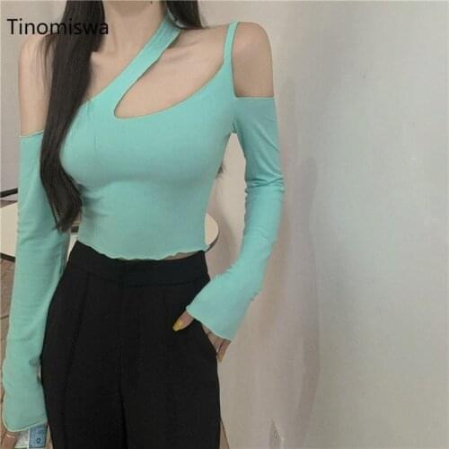 2021 New Sexy Tops Long Sleeve Off Shoulder Stylish T Shirts Women Solid Color Slim Fit Korean Streetwear Tshirts Female A718