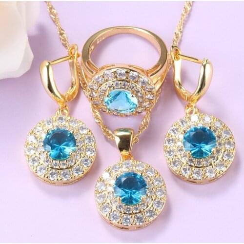 2020 New Trendy Costume Jewelry Sets Gold Plated Round Sky Blue Zirocn Dangle Earrings And Necklace Ring 3-Piece Sets For Women