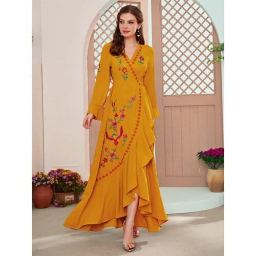 Plus Size Maxi Dress for Women 2021Ruffle Loose Retro Casual Ethnic Embroidered V Neck Long Sleeve Arabic Muslim Islamic Clothes