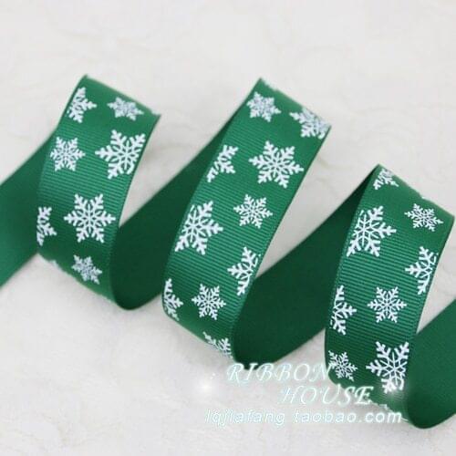 1" (25mm) Green Top Quality Christmas Snowflake printed grosgrain ribbon christmas gift ribbons party packaging 2meters/lot