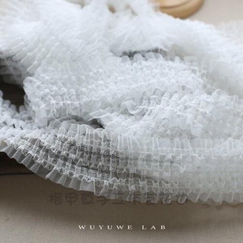 1M Exquisite White Elastic Pleated Lace Trims Fabric Applique Guipure Ribbon Collar Sewing Clothing Skirt Headwear Decor 8cm