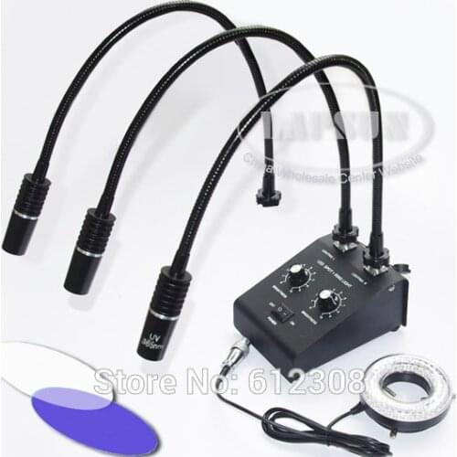 110V-240V 2 White & 1 UV LED Dual Goosene & 80 LED Ring Light Illuminator Lamp Source For Industry Stereo Microscope Lens Camera