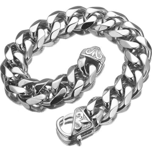 13/15MM Wide Trendy 316L Stainless Steel Polished Silver Color Curb Cuban Chain Jewelry Mens Womens Bracelet Wristband 7-11inch